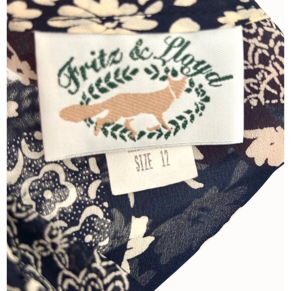 Vintage Fritz & Lloyd Floral Patchwork Blouse Navy Beige Short Slv Ruffle Front - Picture 4 of 5